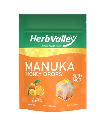 Manuka honey Drops Lozenges Candies in Citrus Flavour (Orange & Lemon). Made with the finest Australian MGO500+ Manuka honey each packet is 60-gram with approximate 12 drops