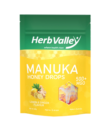 Manuka honey Drops Lozenges in Lemon & Ginger Flavour, made with the finest Australian MGO500+ Manuka honey each packet is 60-gram with approximate 12 drops