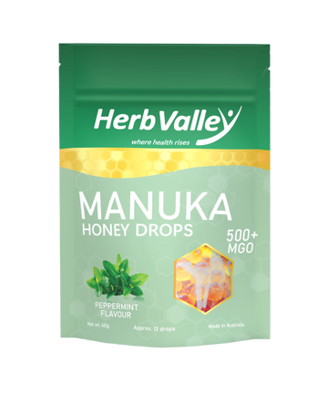 Manuka honey Drops Lozenges Candies in Peppermint Flavour. Made with the finest Australian MGO500+ Manuka honey each packet is 60-gram with approximate 12 drops