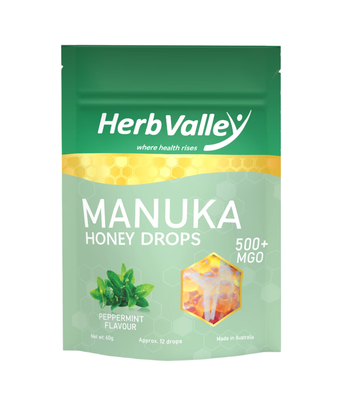 Manuka honey Drops Lozenges Candies in Peppermint Flavour.  Made with the finest Australian MGO500+ Manuka honey each packet is 60-gram with approximate 12 drops